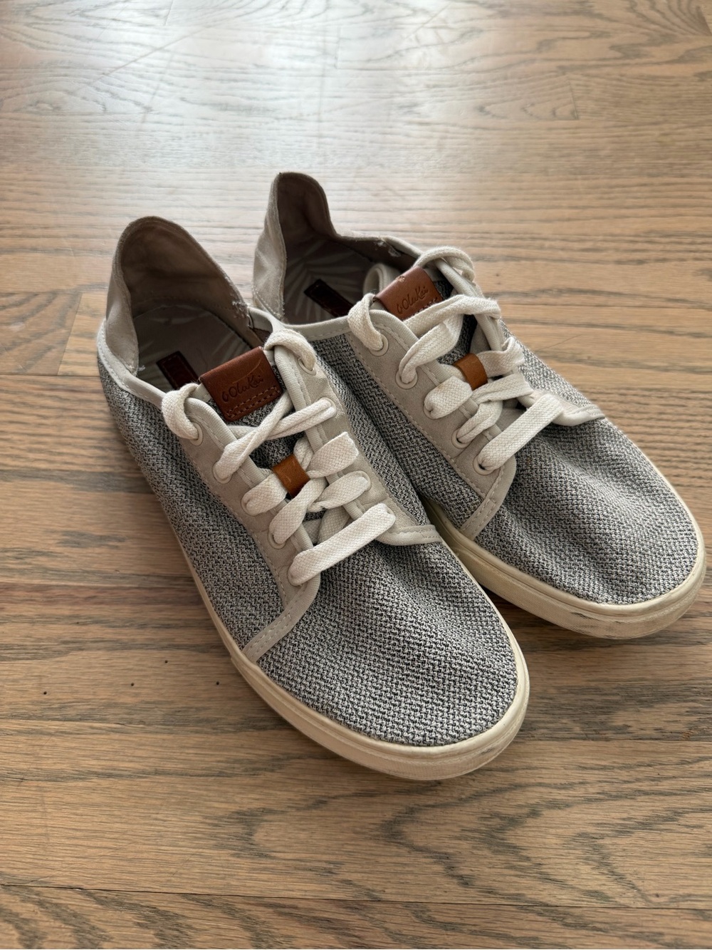 OluKai Men's Light Gray Woven Canvas Sneakers with Tan Accents